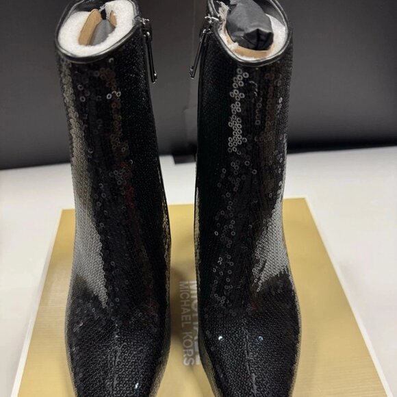 Michael Kors Luna Booties Black Sequin 6M Pointed Toe Galvanized Heel MSRP $225 - Picture 3 of 6